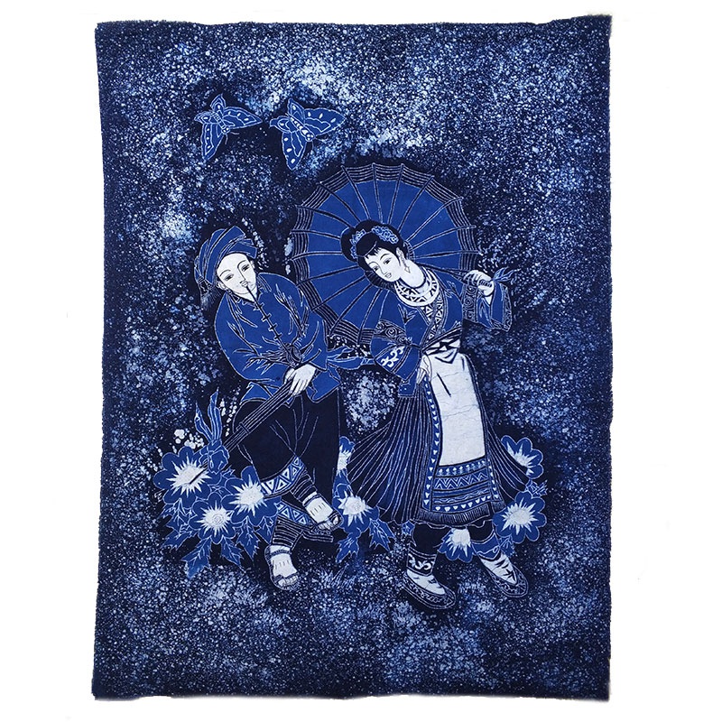 新品艺蓝背景走廊客栈餐厅染布手工手工艺芦笙苗族蜡染