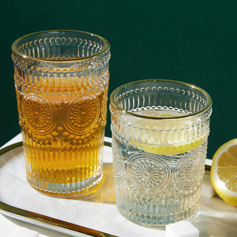 ins风太阳花水杯复古浮雕玻璃杯女家用喝果汁饮料咖啡杯子啤酒杯