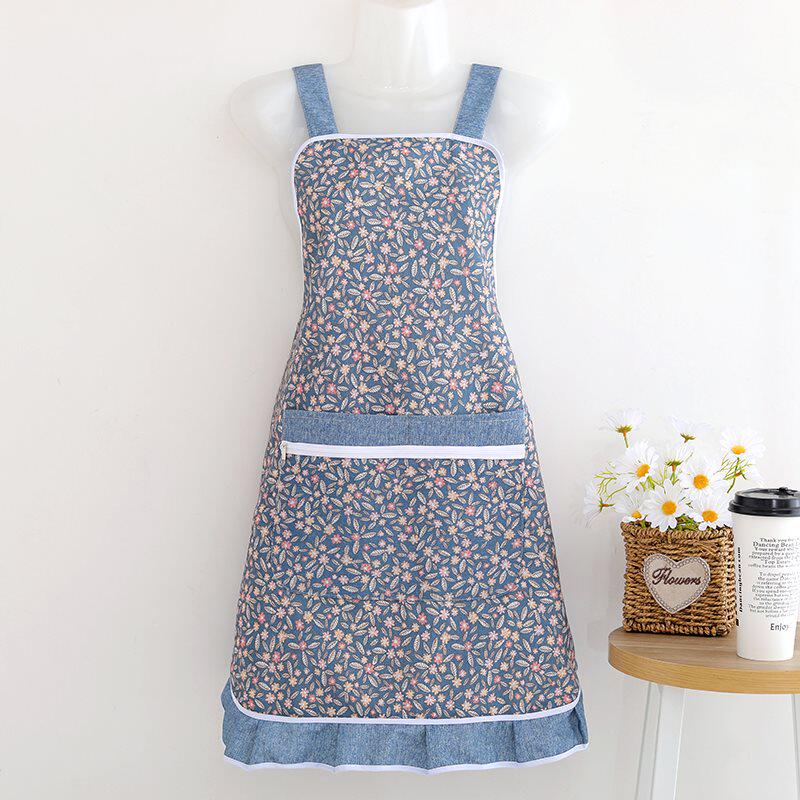 夏季纯棉.全棉花边围裙高档家用腰厨房e拉链碎花透气围女口袋