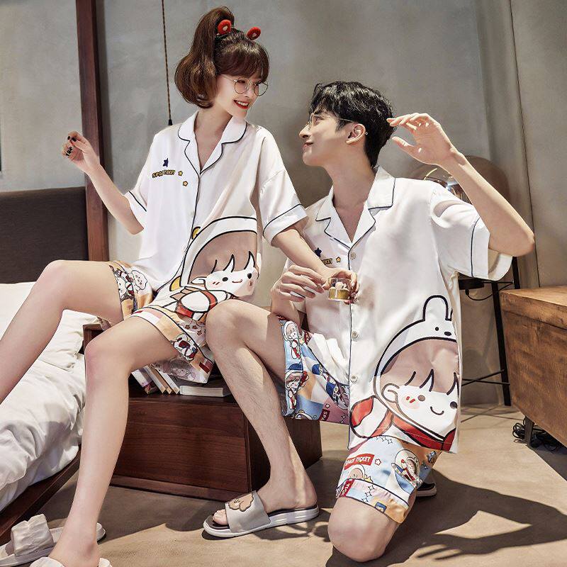 睡衣女情侣装一男一女士夏季冰丝短袖薄款可爱家居服仿真丝绸套装