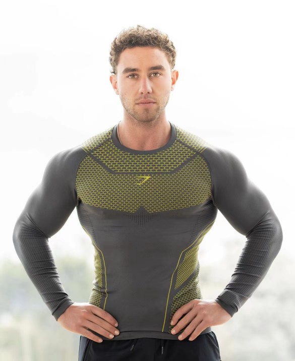 网红肌肉鲨鱼gymshark紧身衣超级英雄新款健身长袖健身衣