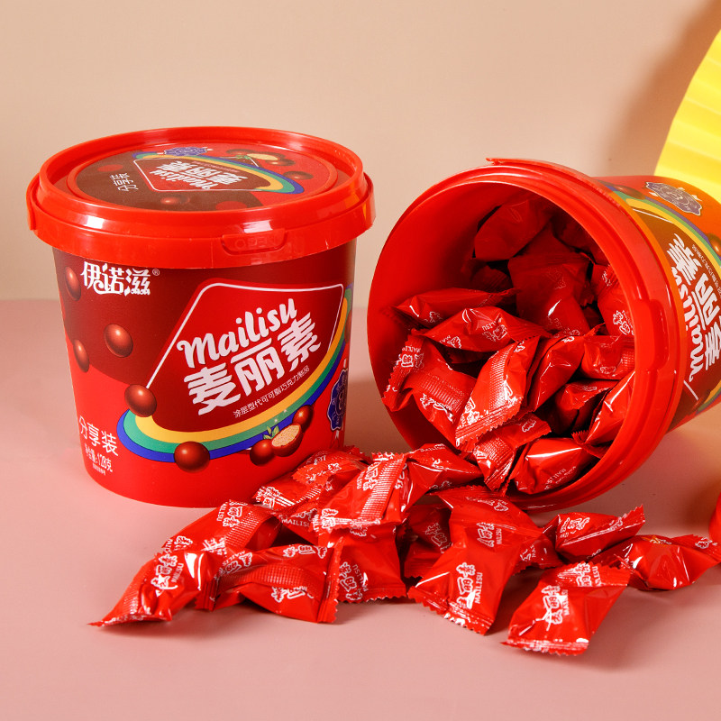 巧克力伊诺滋白巧克力麦丽素桶装128g可可夹心夹心巧克力