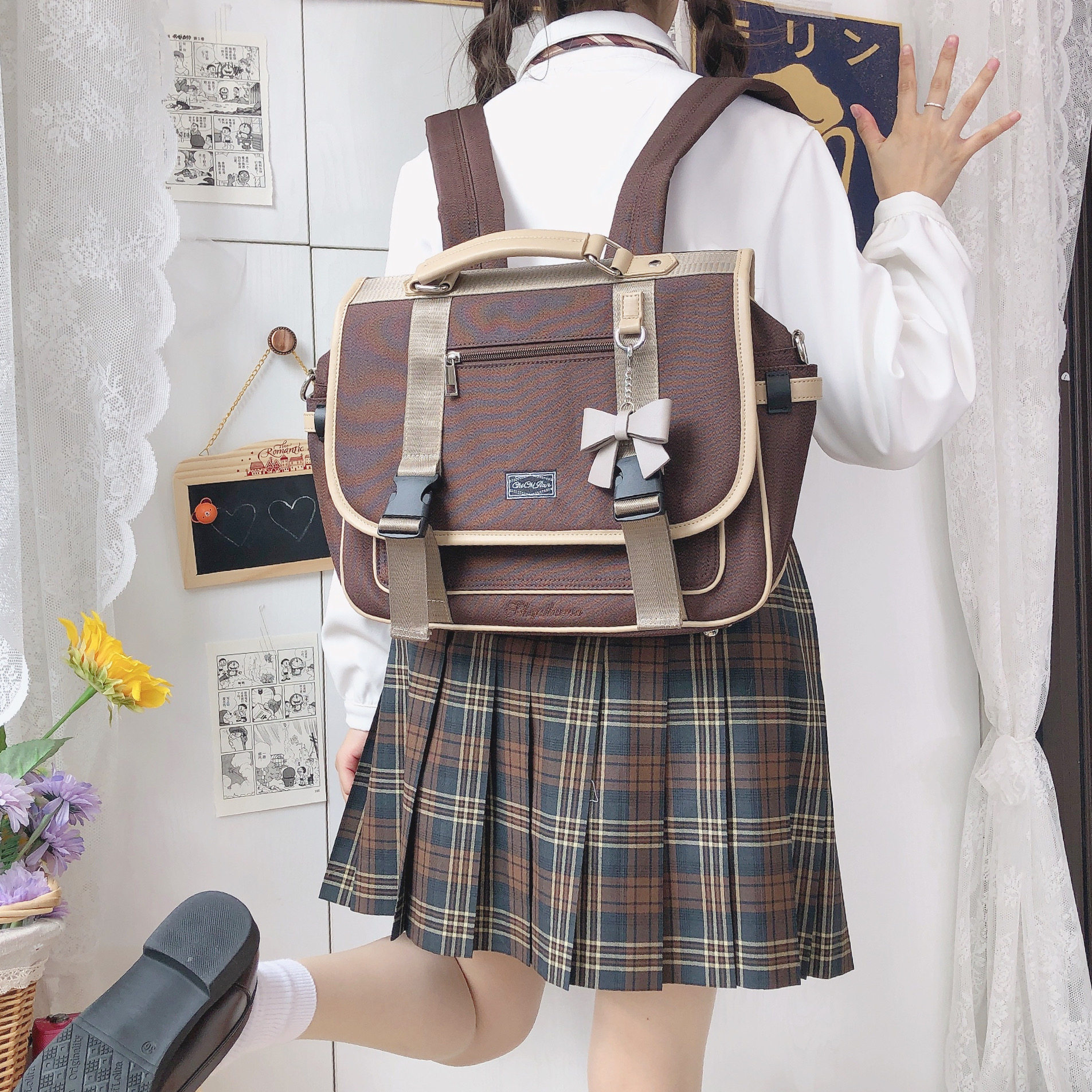 现货尺呎尺呎间原创3wayjk制服书包千鸟格斜跨双肩背包