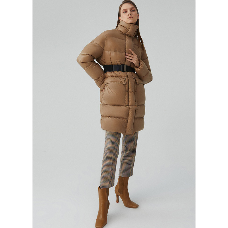 re-blue轻奢女装品牌鹅绒立领撞色腰带中长羽绒服3204b4080141羽绒服