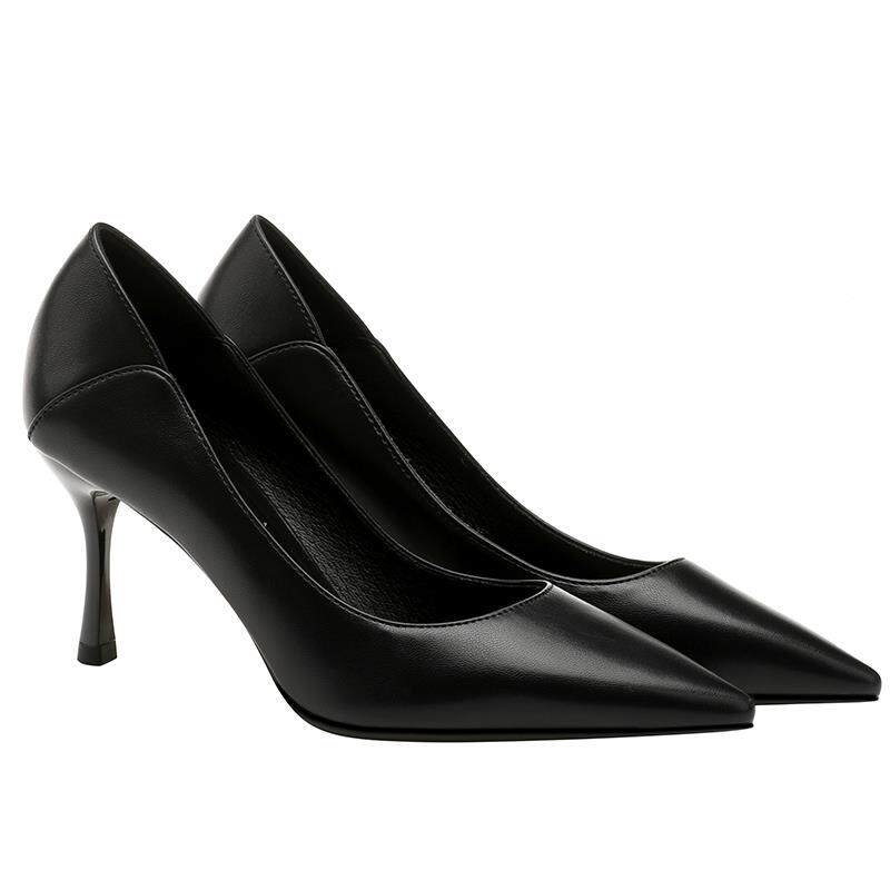 1黑色软皮高跟鞋女202新作舒适细跟软底工鞋尖头浅2口职业女单款