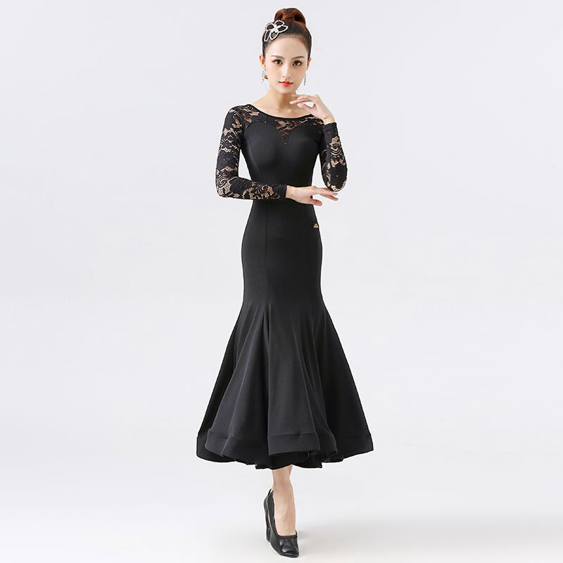 丹宝罗黑色摩登新款国标华尔兹连衣裙跳舞套装练习摩登舞套装(含演出