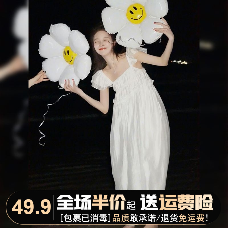 爱打扮(www.idaban.cn)，法式高级感温柔风长裙2023年新款春装气质吊带白色仙女连衣裙子夏