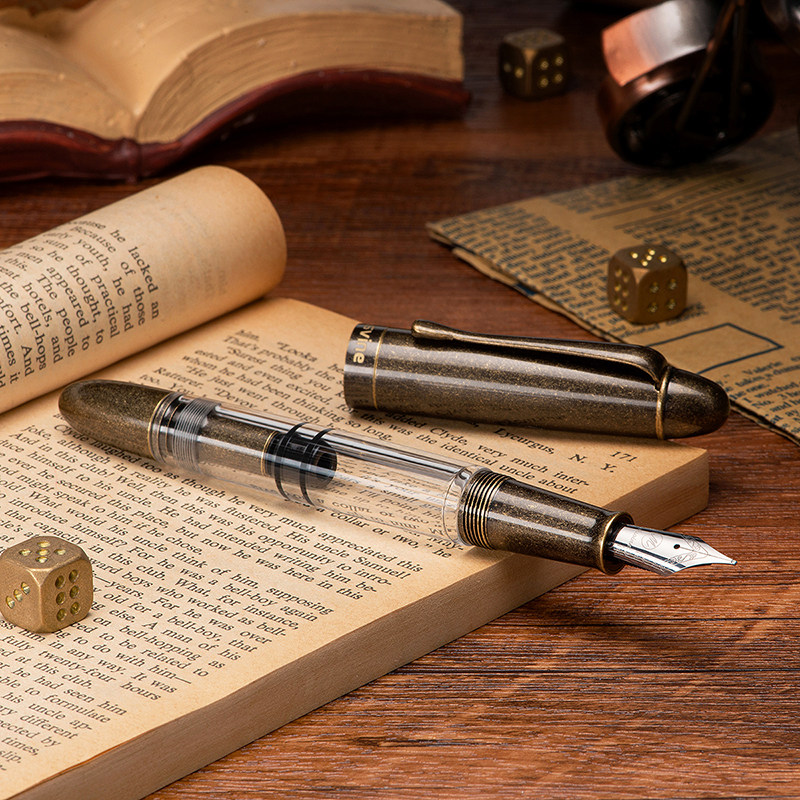 意斯书写练字高档黄铜复古钢笔塞上活塞树脂钢笔