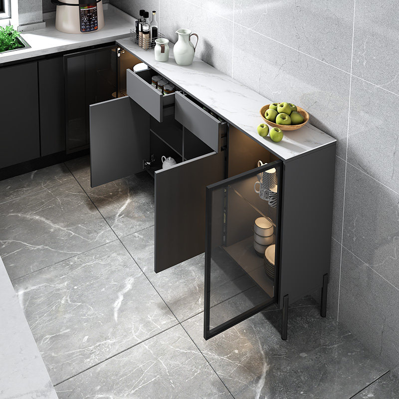 轻奢餐边柜窄型现代简约厨房储物柜岩板台面一体靠墙餐边柜