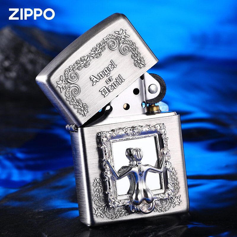 打火机zippo正版纯银天使与魔鬼镜中复古男士煤油火机亚克力板