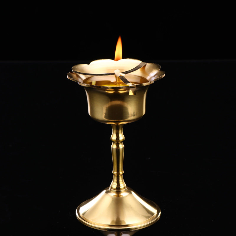 灯座酥油圆通佛具纯铜油灯灯台供灯长明灯高脚酥油灯
