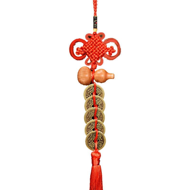 九帝铜钱葫芦五帝钱五个地铜钱串子吊钱5d桃木装饰摆件