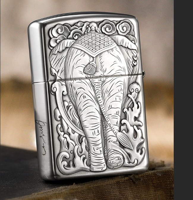 zippo打火机原装zppo芝宝纯银盔甲浮雕六牙象王zippo