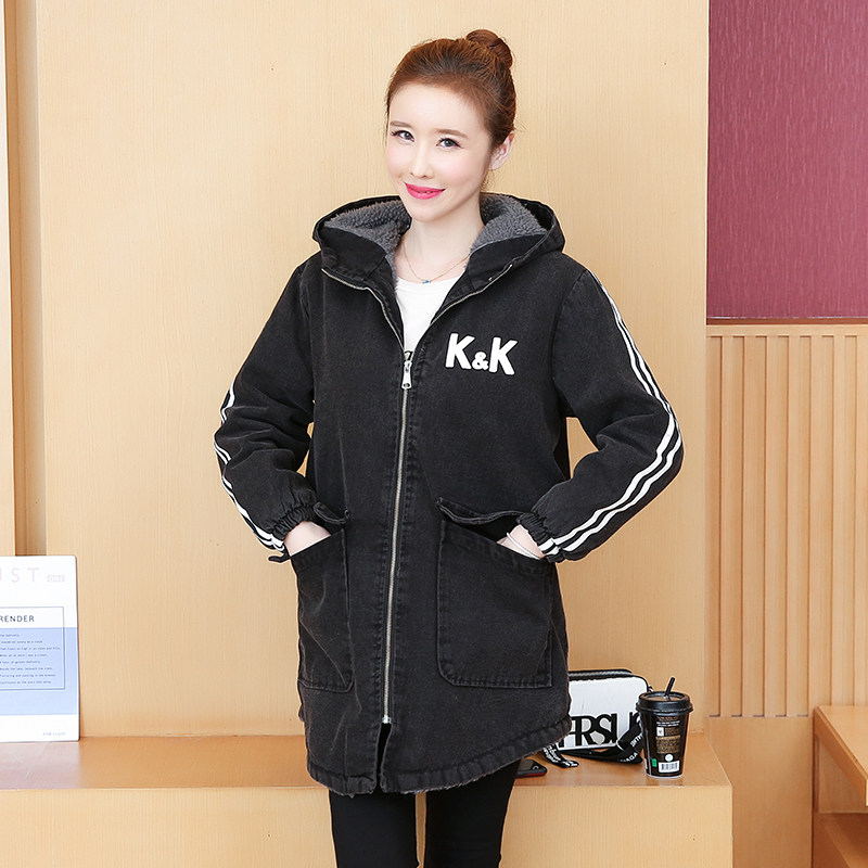 牛仔棉衣女2022中长款牛仔外套冬季新款加绒加厚连帽牛仔衣