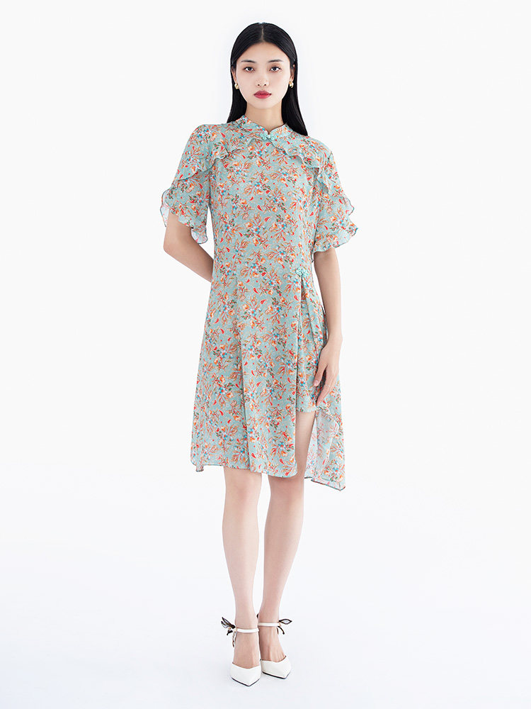 eahchanie奕辰女装夏款真丝连衣裙碎花荷叶长裙高腰连衣裙