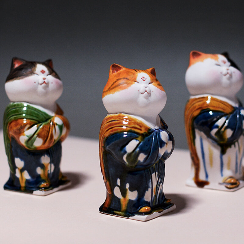 棒潮大叔摆件手办陶瓷猫立仕女唐三彩二马不二潮玩盲盒