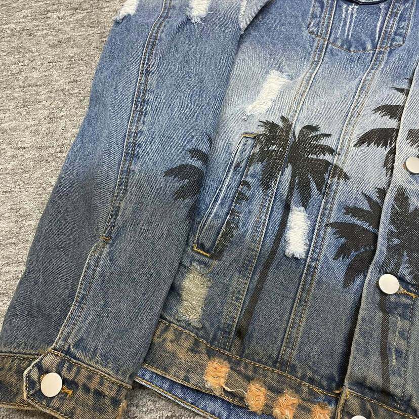 欧美潮牌高街amiri风格椰树牛仔外套渲染印花夹克