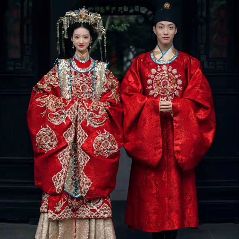 明制汉服婚服新款凤冠霞披中国风中式新娘花嫁衣大婚情侣套装男女