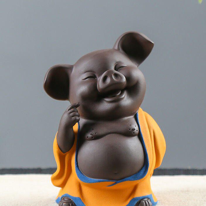 千猪创意可爱爱小茶宠可养紫砂茶玩快乐悠闲茶宠摆件