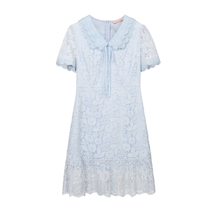 【胡可推荐】莱茵商场同款新款镂空蓝色蕾丝边连衣裙设计感