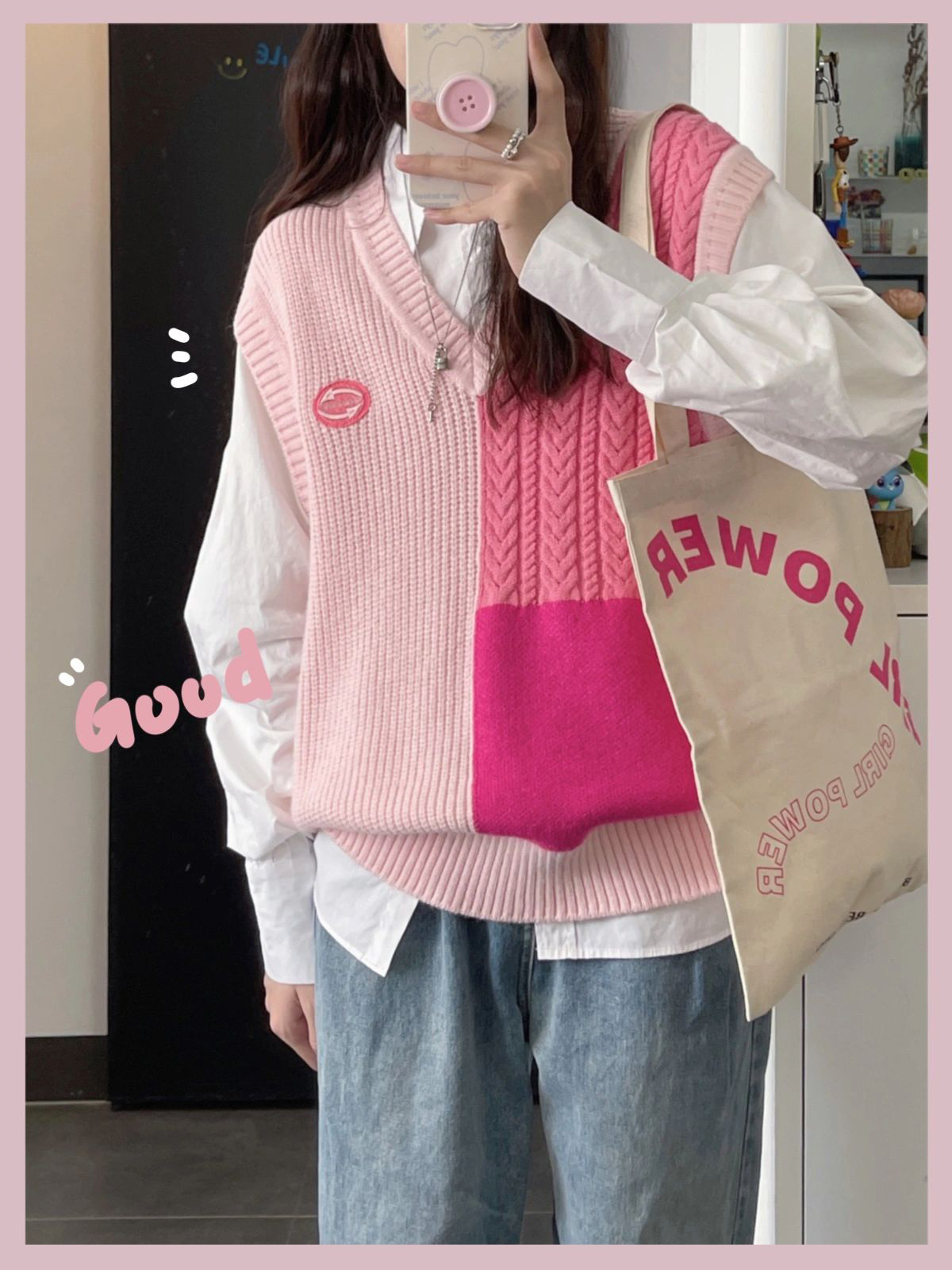 【两件套装】春秋可盐可甜拼色针织马甲背心女叠穿衬衫韩系穿搭潮