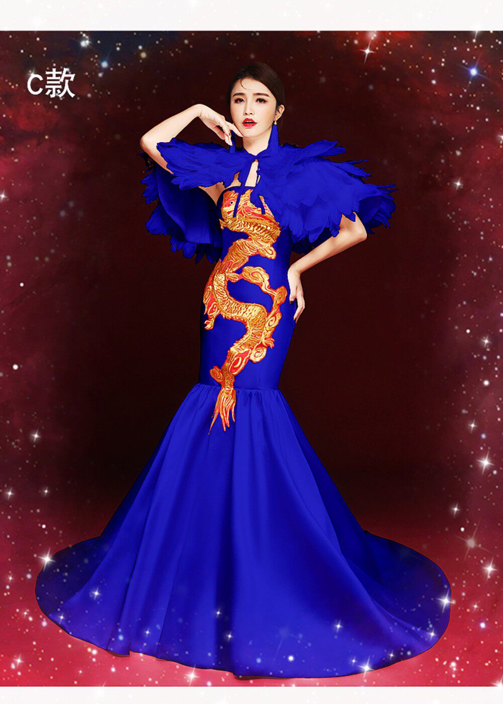 宴会晚礼服2020新款中国国风蓝色模特走秀旗袍礼服