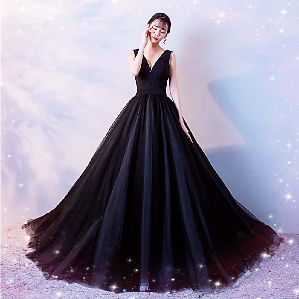 2020新款黑色宴会晚礼服修身露背拖尾瘦长主持人礼服