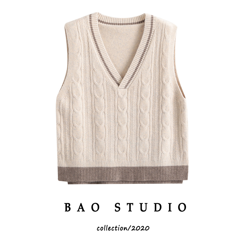 BAO STUDIO绞花针织马甲女秋冬季学院风拼色下摆大码外穿套头背心
