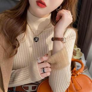 韩版加绒加厚一体绒针织打底衫女秋冬显瘦上衣内搭半高领保暖毛衣