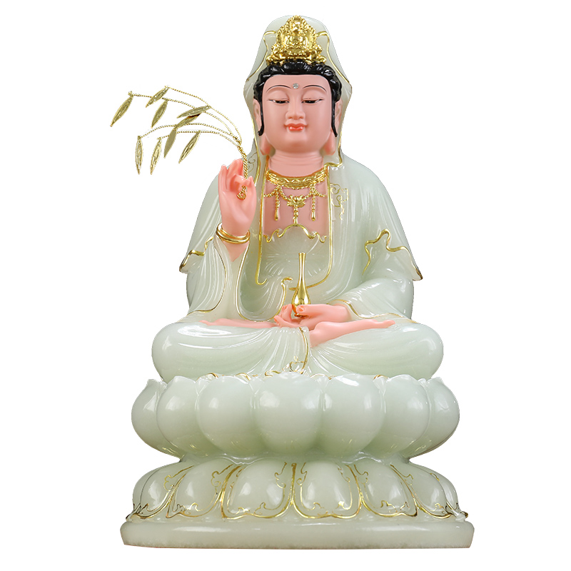 玉石观音摆件佛像供奉家用祈福南海观世音菩萨摆件