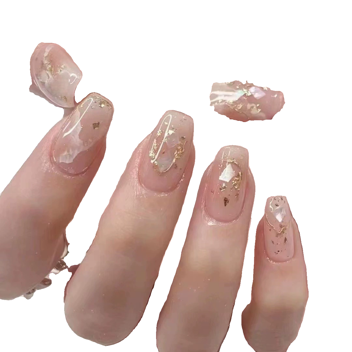14纯手工穿戴甲晕染温柔气质云母贝壳美甲成品光疗假指甲贴少女