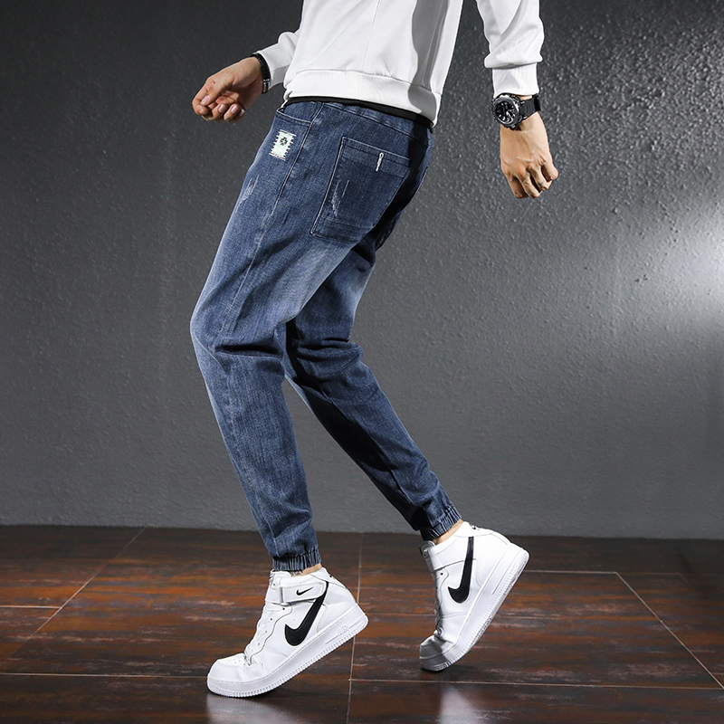 牛仔裤男2022春秋季新款哈伦束脚九分裤宽松休闲潮牌松紧腰长裤子