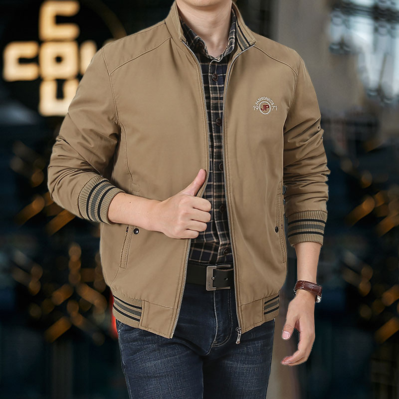 纯棉春秋季夹克男中年秋冬装休闲爸爸装加绒加厚宽松工装外套