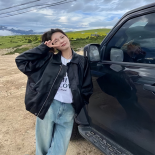 YJ2025新款法式复古皮衣外套女宽松显瘦百搭上衣