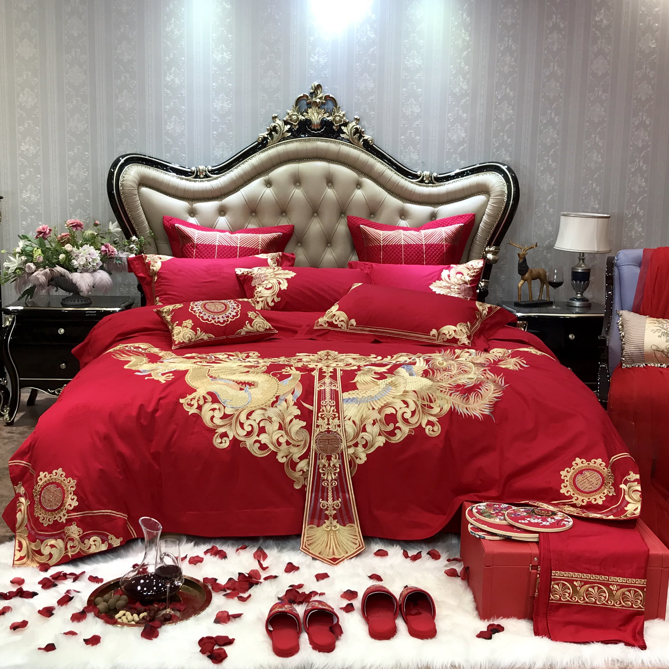 件套婚庆四件大红龙凤刺绣新婚床品全棉结婚床品套件