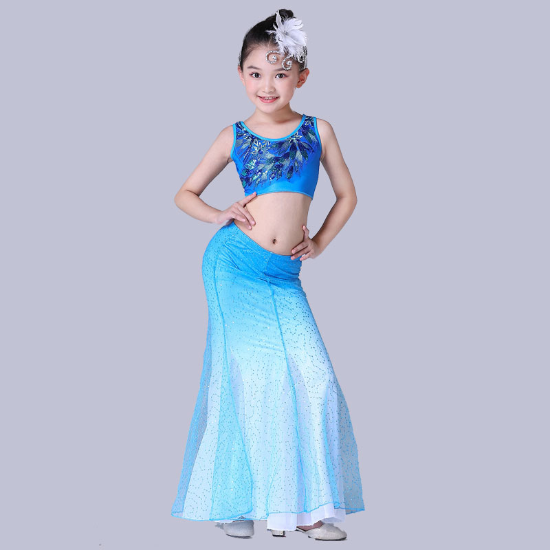 儿童傣族舞蹈演出服女童民族舞孔雀舞鱼尾少儿美人鱼儿童演出服