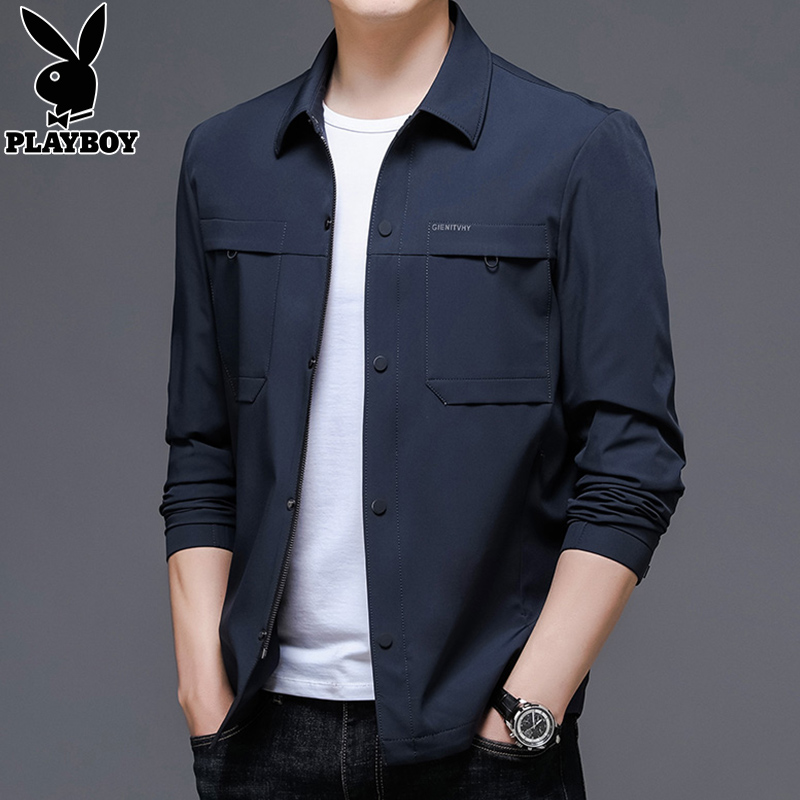 花花公子春秋新款男士工装外套休闲薄款纯色夹克爸爸男装翻领上衣