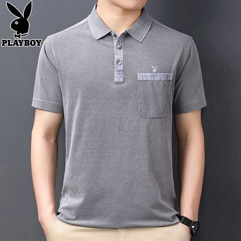 花花公子夏季短袖t恤男翻领宽松休闲半袖真口袋体恤中年爸爸上衣