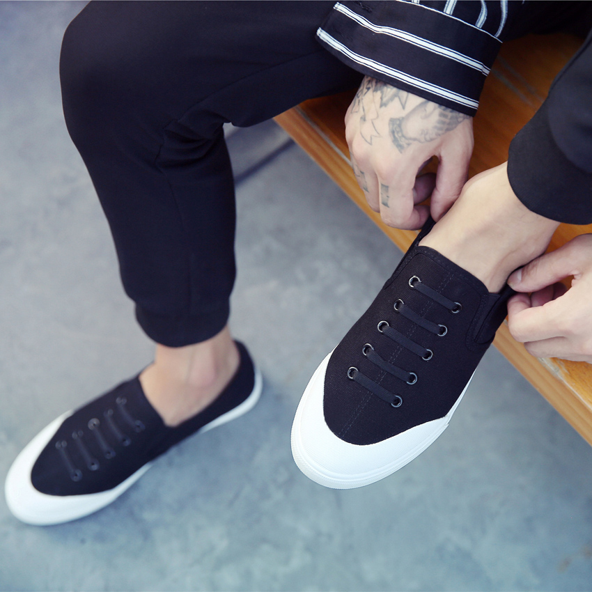 2022春季男鞋帆布鞋低帮学生布鞋潮鞋韩版黑色休闲鞋一脚蹬懒人鞋