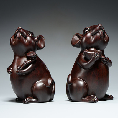 抖音新款黑檀木质老鼠雕刻摆件宝如意老鼠家居客厅十二生肖鼠装饰