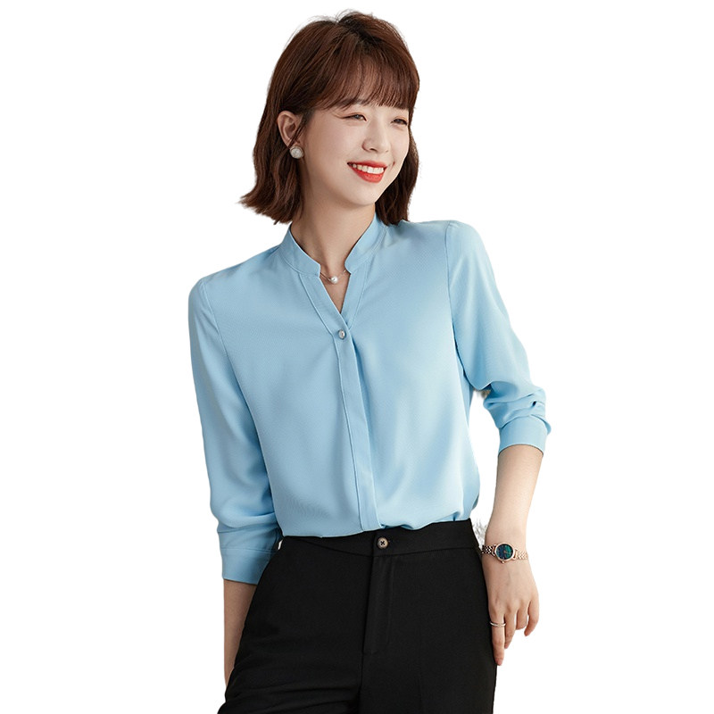 鸡心领心形v领衬衫女长袖立领红色高端雪纺衬衣春秋西装打底内搭