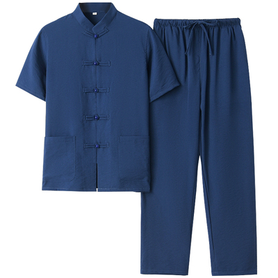 夏季唐装男套装中国风复古短袖改良汉服居士服禅修服中老年两件套