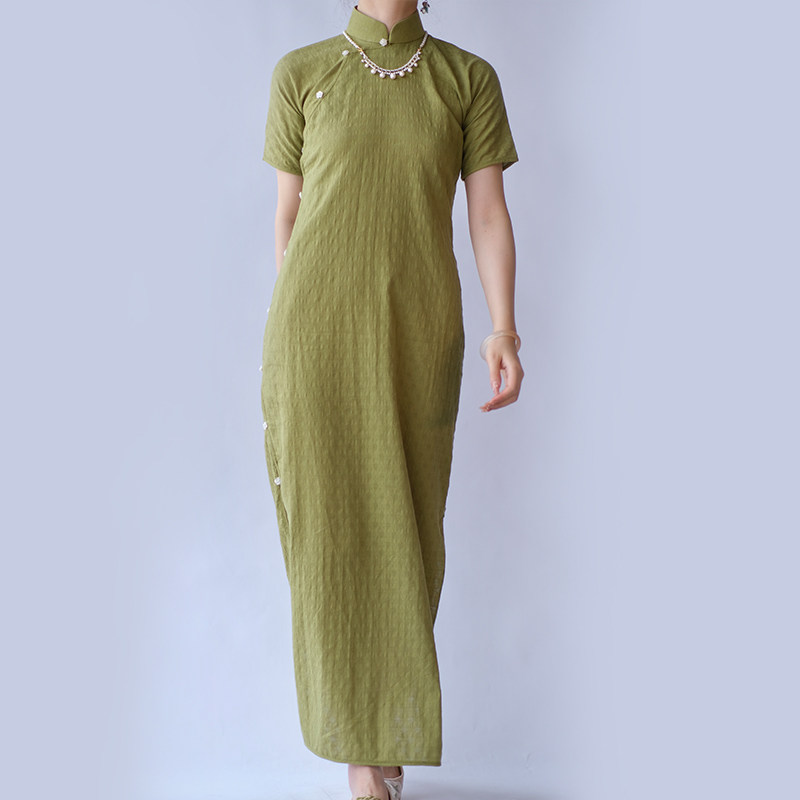 晴山设计窄袖全开开襟彩虹战队旗袍长款素雅旗袍