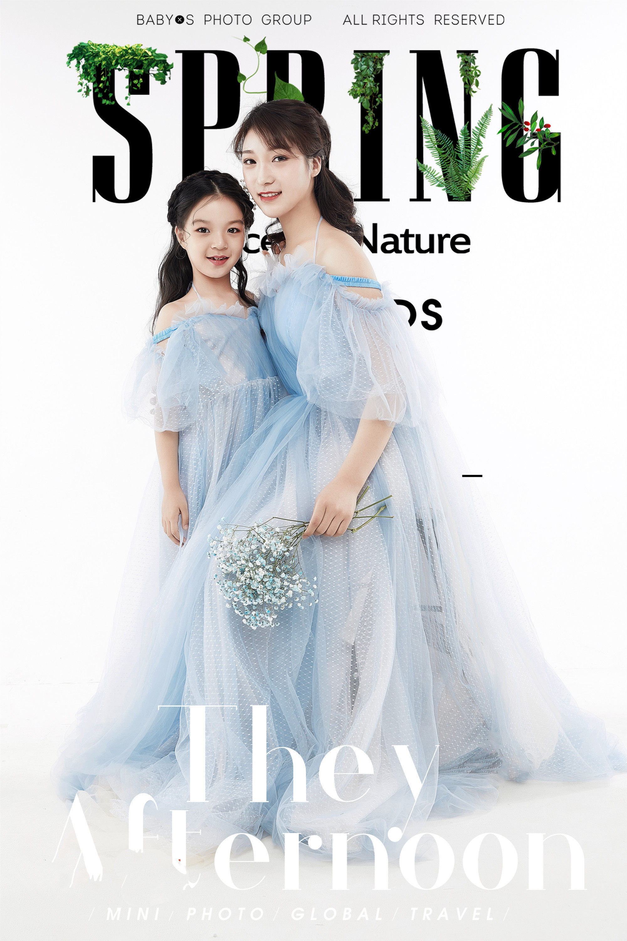 2019新款影楼亲子主题摄影服装母女拍照服饰清新仙气天蓝长裙礼服