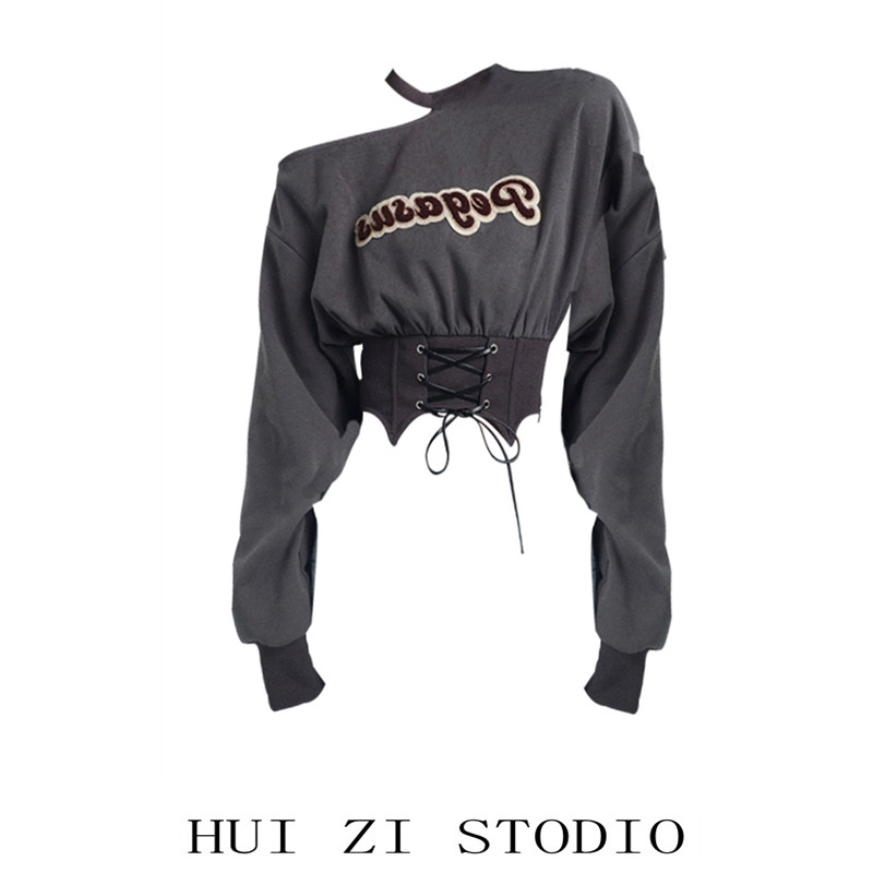 芭比 不规则卫衣女春季新款设计感腰封挂脖露肩长袖显瘦ins上衣姨