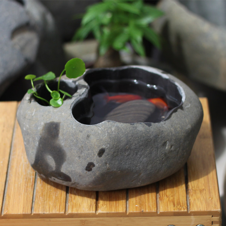 多孔石头花盆天然原石鱼缸铜钱草盆原生态鹅卵石花盆