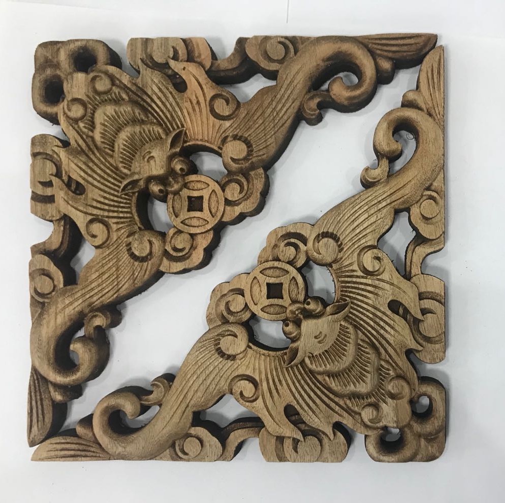 香樟樟木仿古木雕三角蝙蝠铜钱角花条形贴花木雕