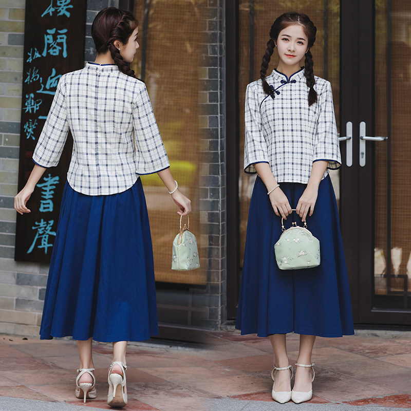 复古民国风女装 改良连衣裙女学生格子盘扣汉服两件套 旗袍中式 唐装