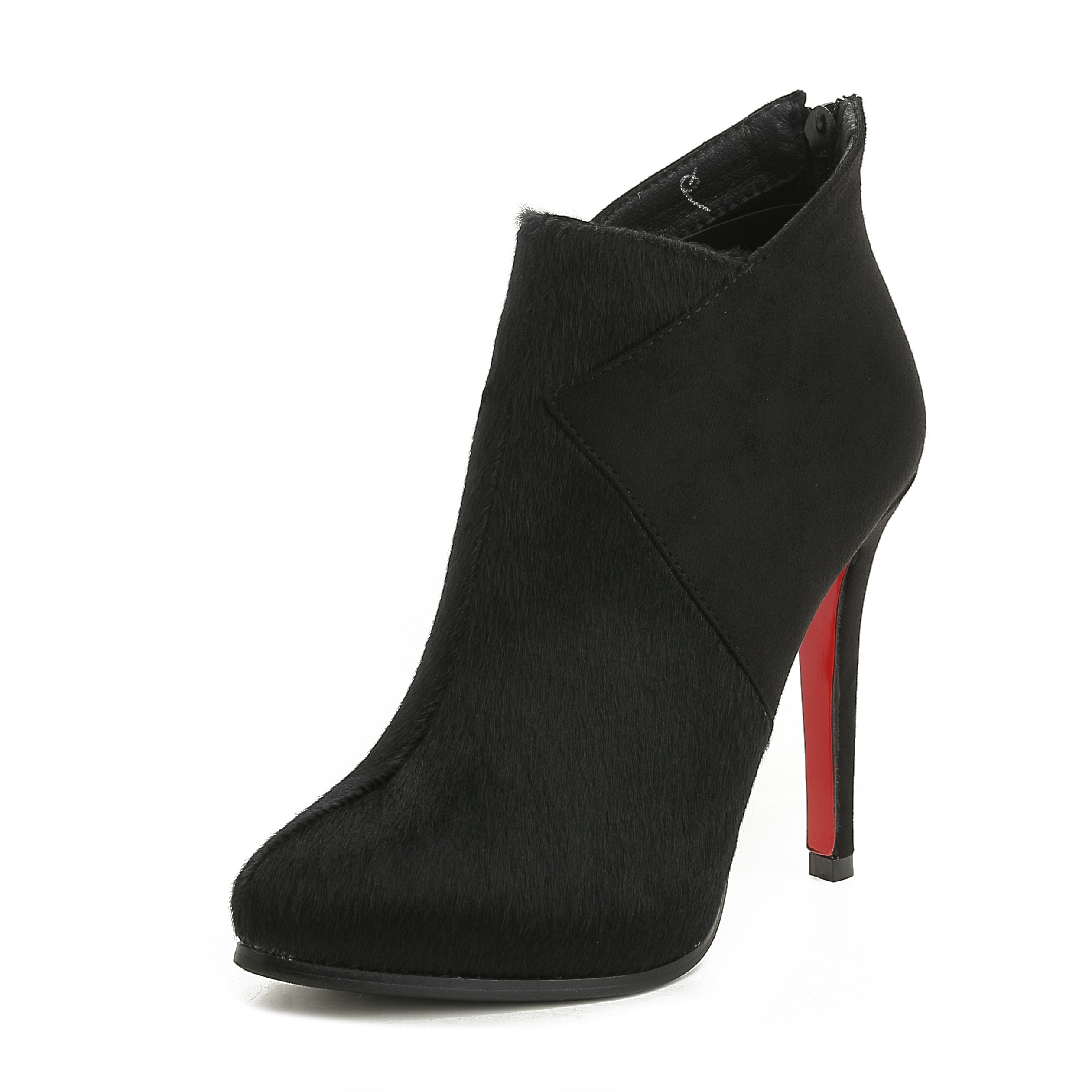 2020秋冬季马毛加绒面黑色显瘦性感尖头细跟高跟鞋短靴女鞋及裸靴