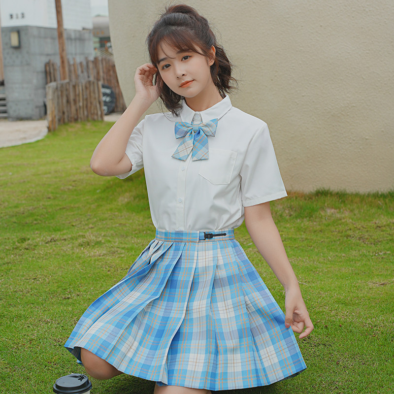 jk格裙夏原创正版制服套装学院风百褶裙校供感冰淇淋蓝格jk裙子女